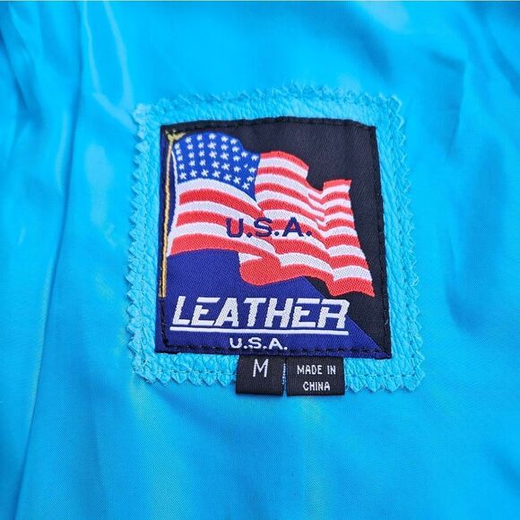 USA Teal Blue Leather Jacket - Picture 9 of 12